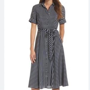 J crew silk shirtdress vintage indigo blue stripes short sleeves button down